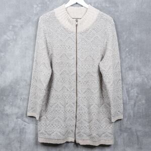 J JILL Full Zip Mock Neck Fair Isle Aztec Tunic Cardigan Sweater Gray Cream Sz L